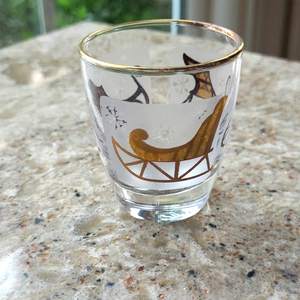 Vintage Libbey  MCM Gold Rim Sleigh Holiday Short Glass Replacement